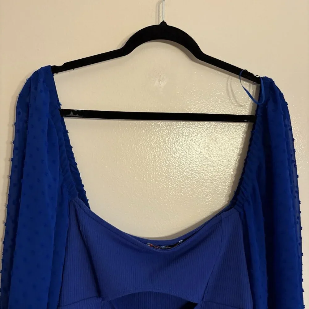 Urban Outfitters Women XXL Blue Puff Sleeve Cutout Mirabel Bustier Crop Blouse